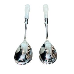 Pair Vintage SLAH Faux Carved Mother of Pearl Handles Salad Serving Spoon & Fork
